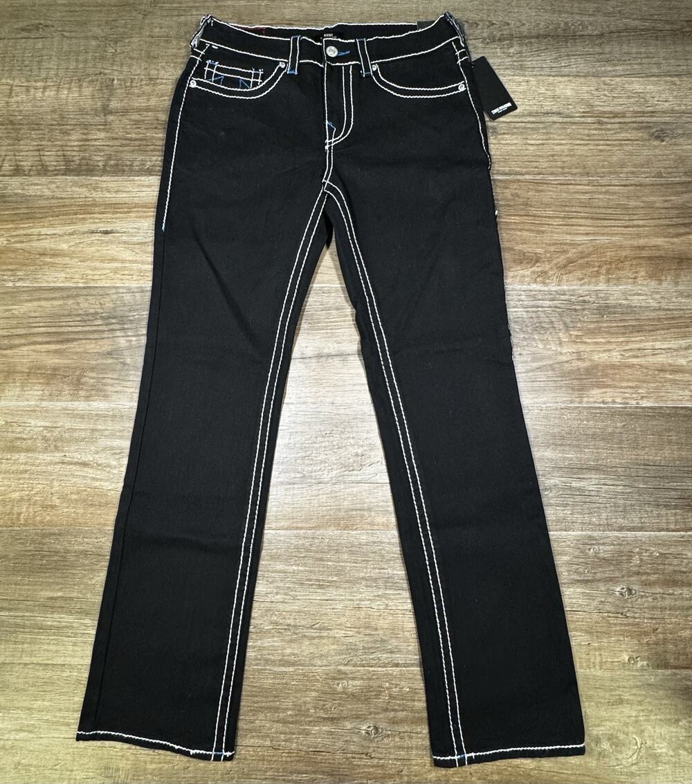 True Religion Mens Ricky Flap Relaxed Straight Black Jeans 32x34 Blue Stitched